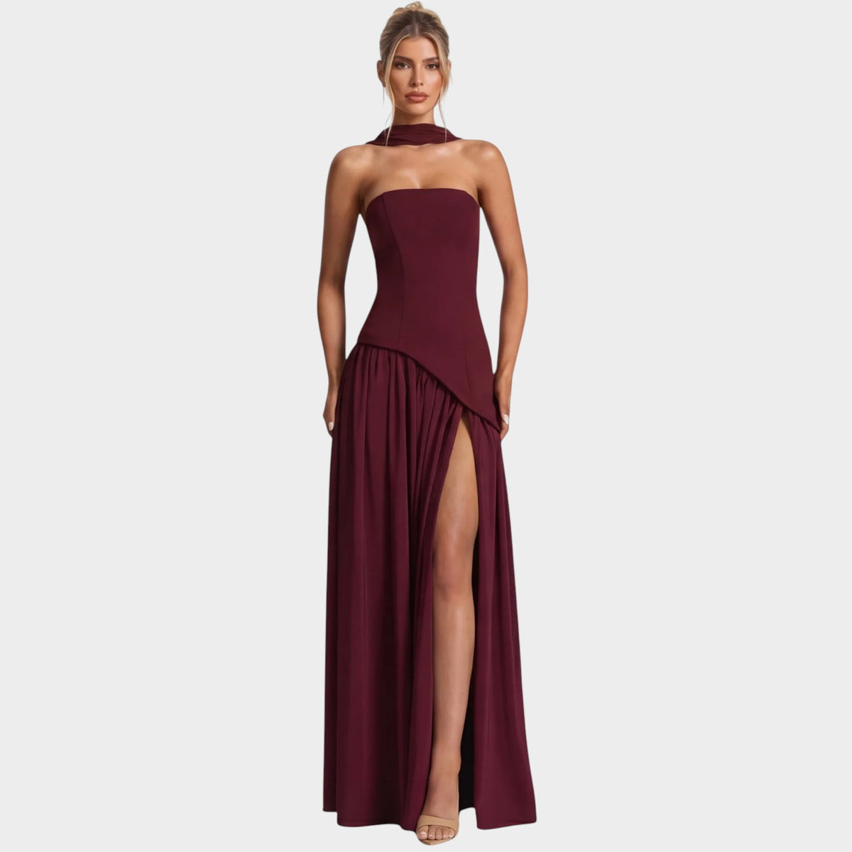 Women’s Strapless Maxi Dress with Draped Scarf Detail and High Slit