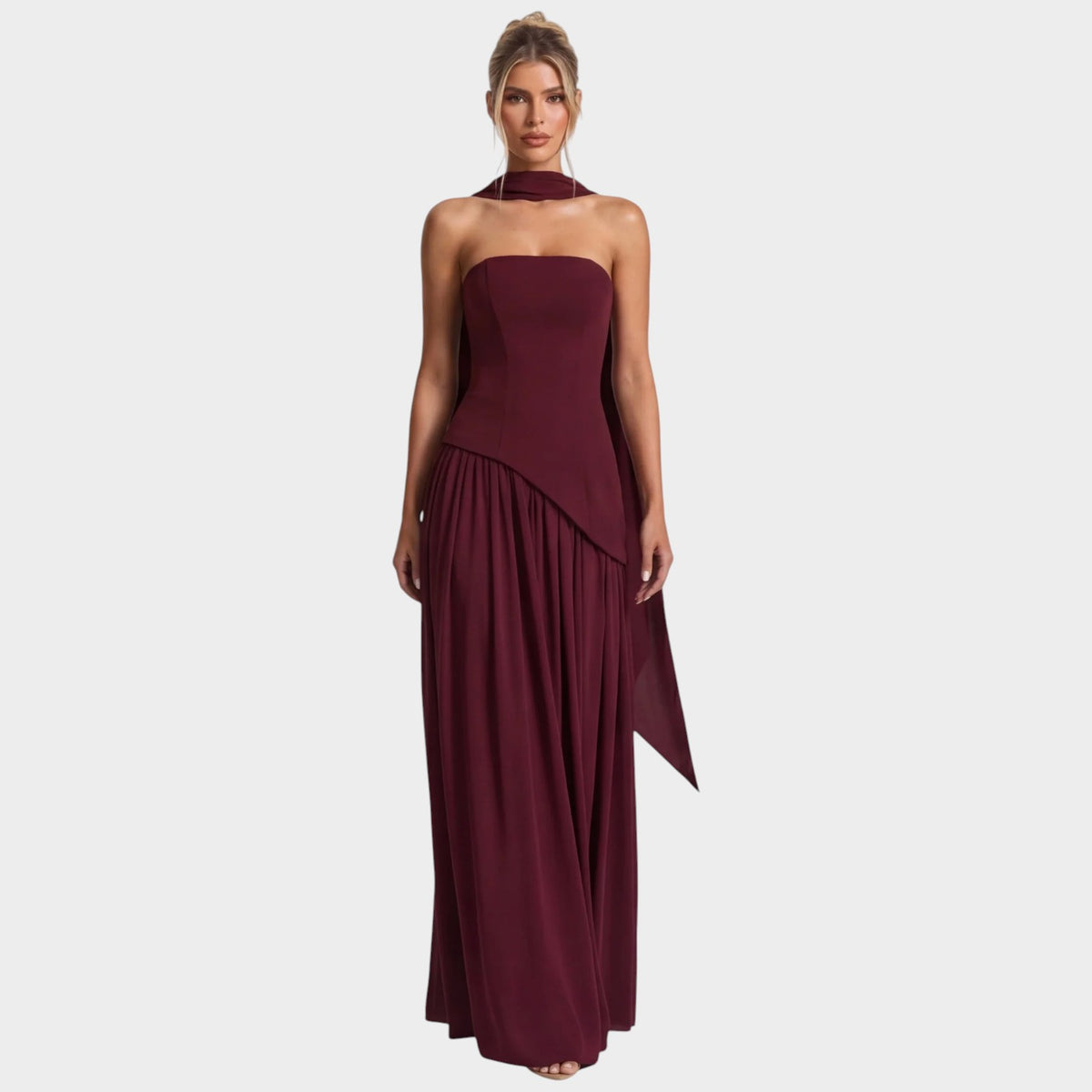 Women’s Strapless Maxi Dress with Draped Scarf Detail and High Slit