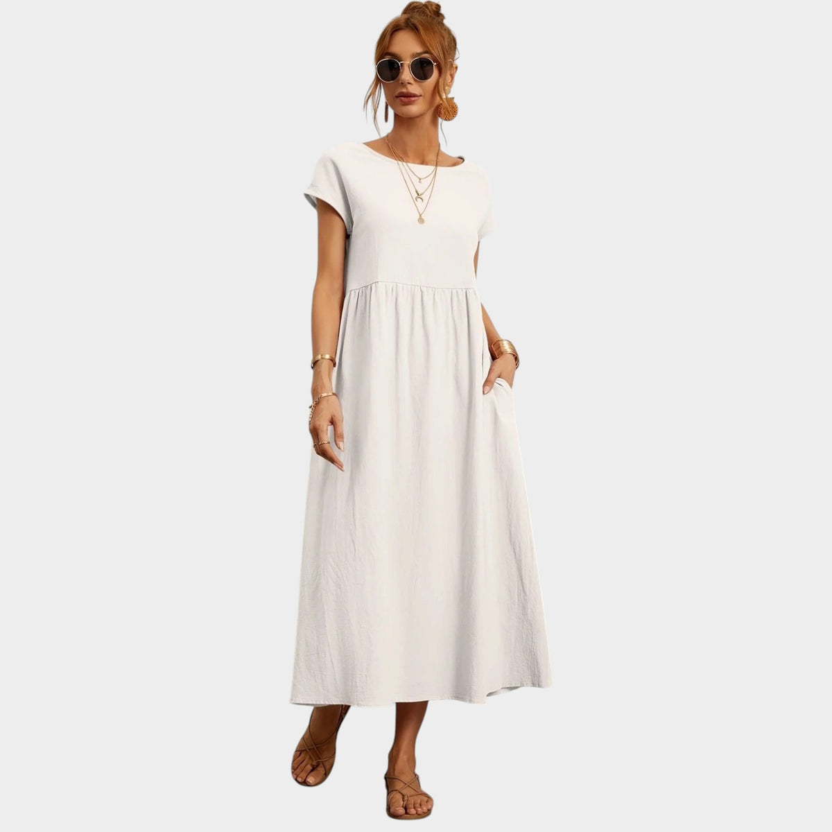 Women’s Round Neck Midi Dress with Short Sleeves and Side Pockets