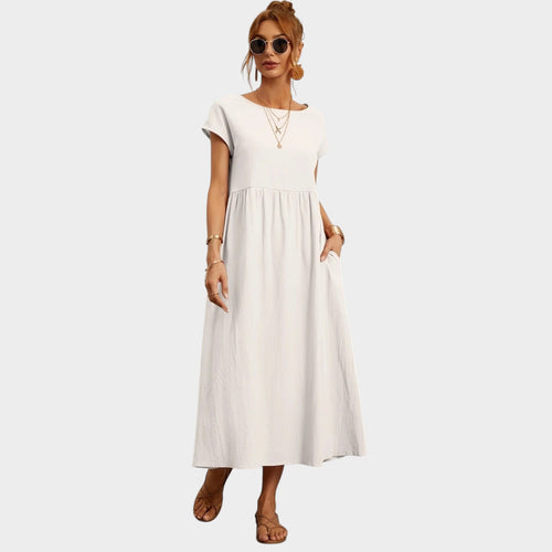 Women’s Round Neck Midi Dress with Short Sleeves and Side Pockets