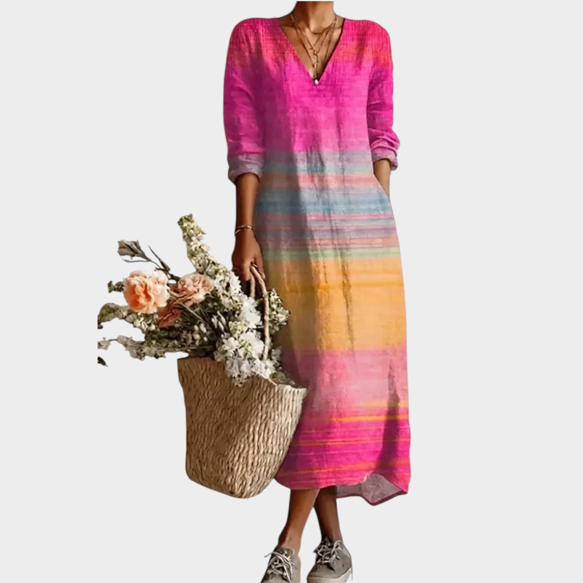 Women’s Midi Dress Relaxed Fit Striped 3D Print Pockets