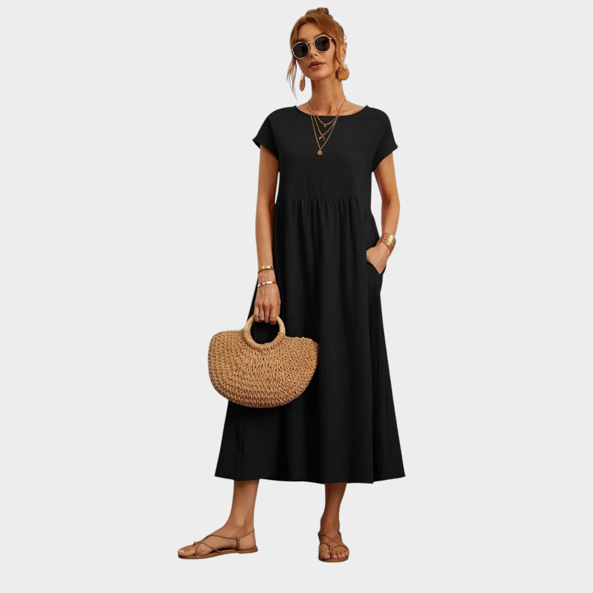 Women’s Round Neck Midi Dress with Short Sleeves and Side Pockets