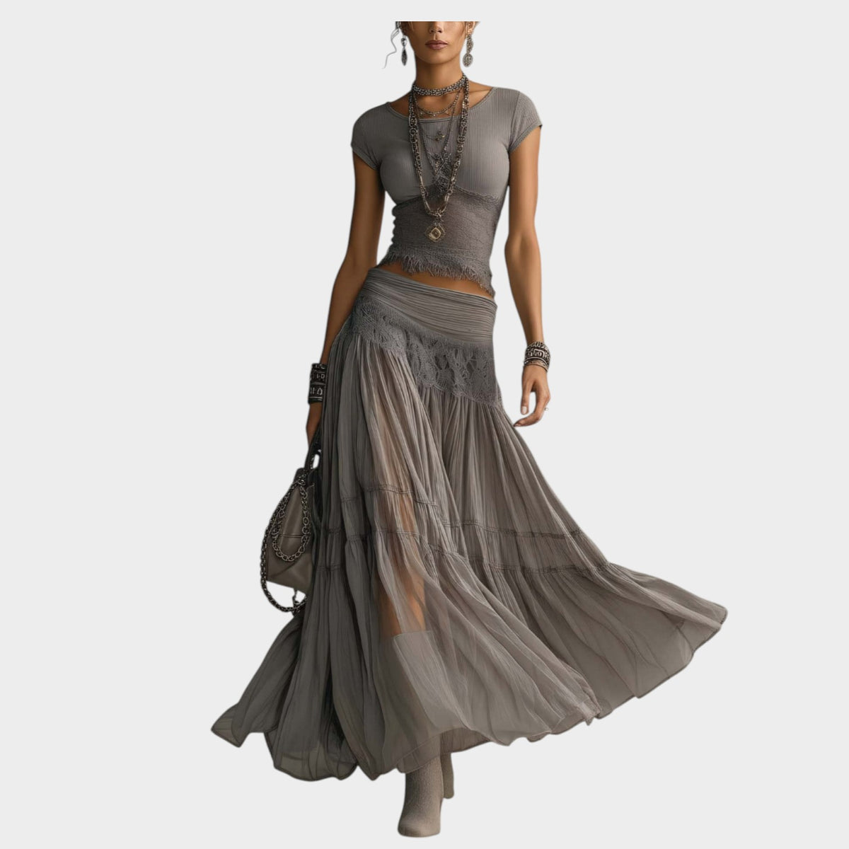 Women’s Lace Panel Top and Pleated Maxi Skirt Two-Piece Set