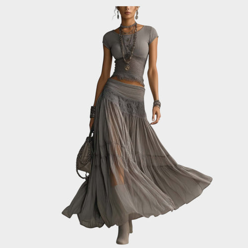 Women’s Lace Panel Top and Pleated Maxi Skirt Two-Piece Set