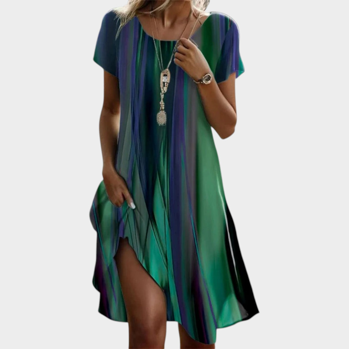 Women’s Boho Midi Dress Gradient Stripe Pattern Round Neck Short Sleeves