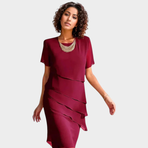 Women’s Layered Chiffon Midi Dress Short Sleeves