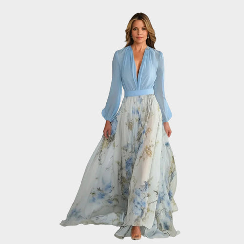 Women’s Floral Print Maxi Dress with Deep V-Neck and Long Sleeves