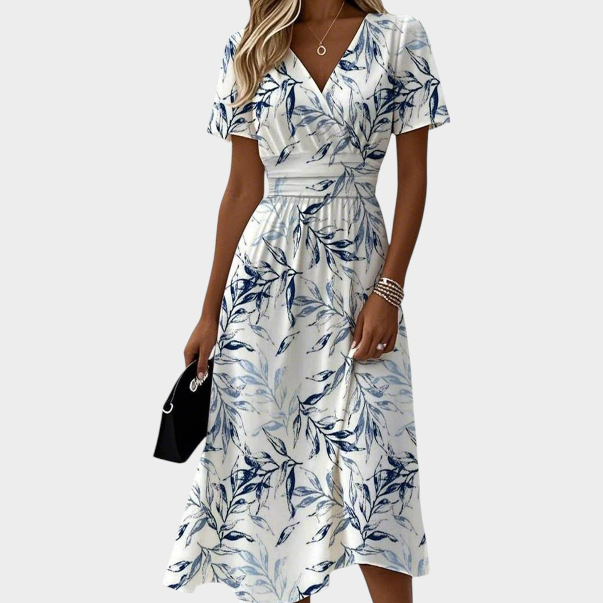 Women’s Floral Print Midi Dress with V-Neck and Short Sleeves