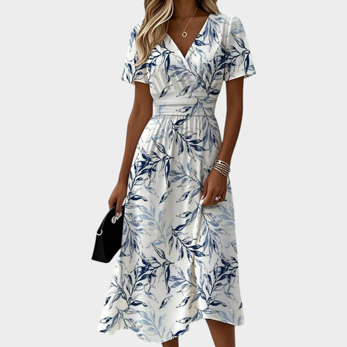 Women’s Floral Midi Dress with V-Neck and Cinched Waist