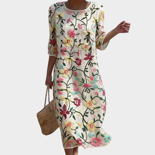 Women’s Floral Embroidered Midi Dress with Round Neckline and Three-Quarter Sleeves