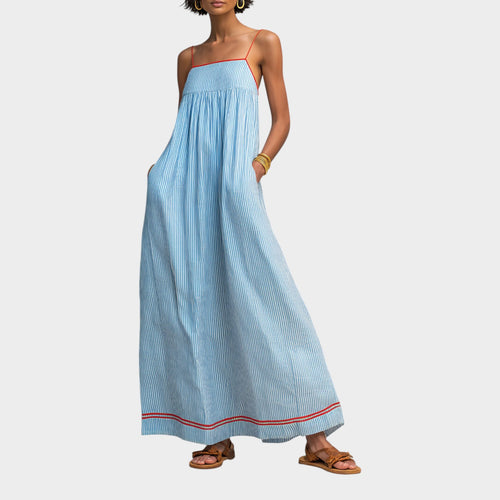 Women’s Striped Maxi Dress Spaghetti Straps Red Accent Detail