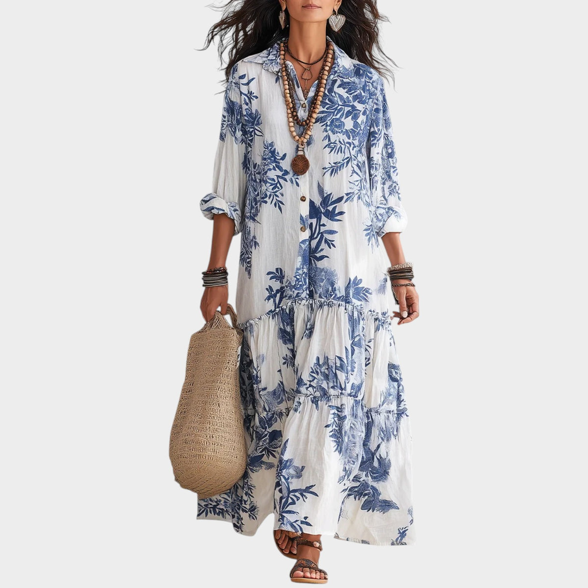 Women’s Floral Maxi Dress with Button-Down Front and Relaxed Fit