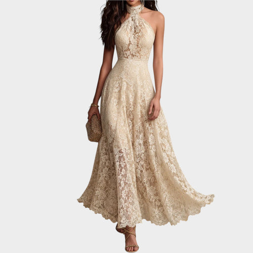 Women’s Ivory Lace Maxi Dress with Halter Neckline and Scalloped Hem