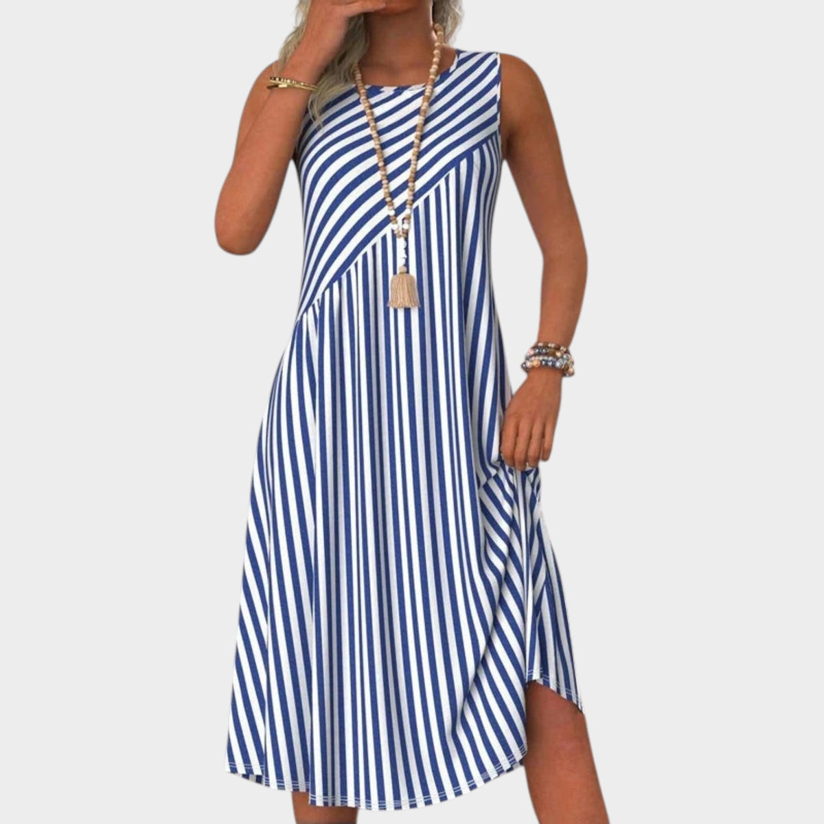 Women’s Striped Midi Dress Sleeveless Round Neck A-Line