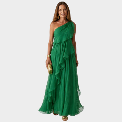 Women’s One-Shoulder Maxi Dress with Cascading Ruffles and Defined Waist