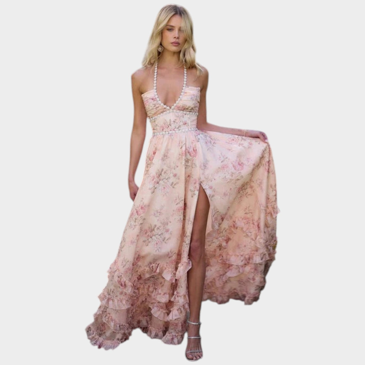 Women’s Floral Maxi Dress with Halter Neck, Deep V-Neckline and Ruffle Hem