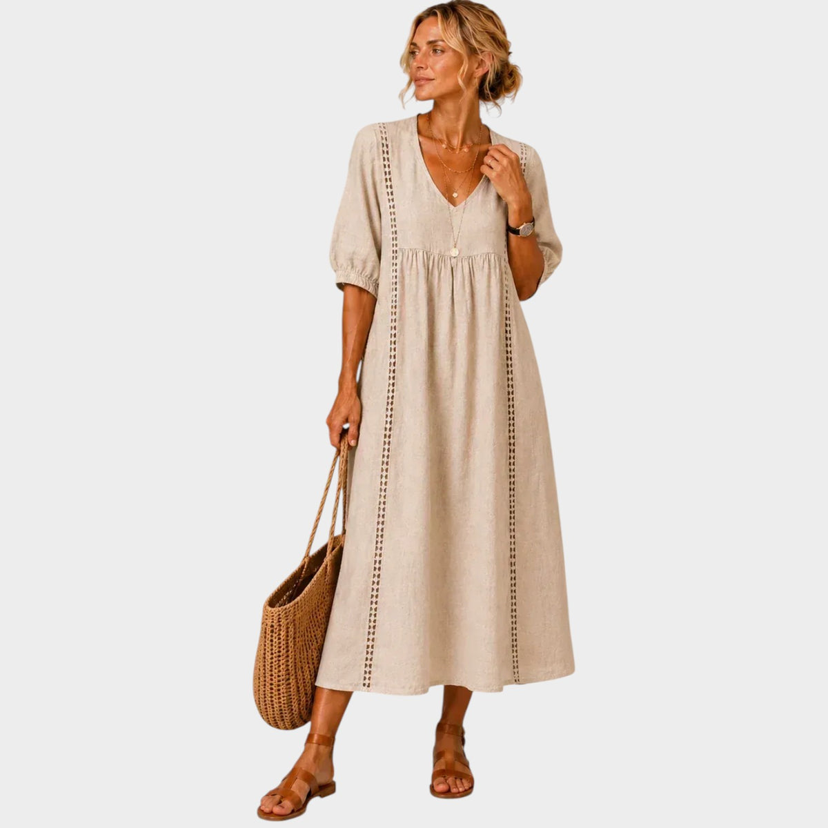 Women’s V-Neck Maxi Dress with Puff Sleeves and Lace Trim
