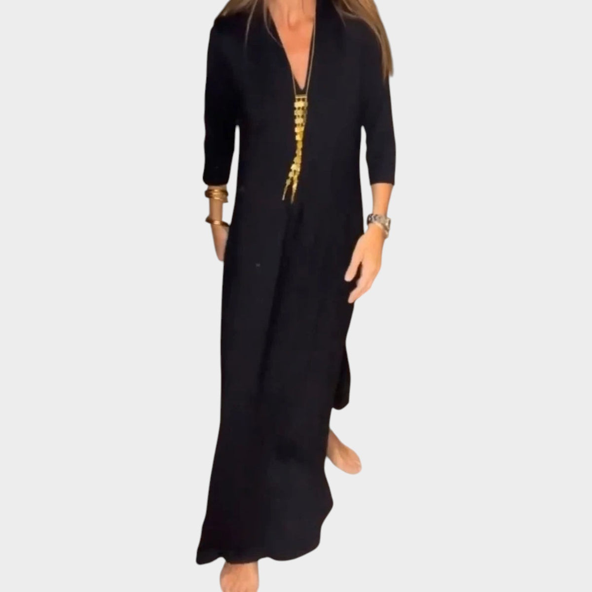 Women’s V-Neck Maxi Dress with Three-Quarter Sleeves and Relaxed Fit