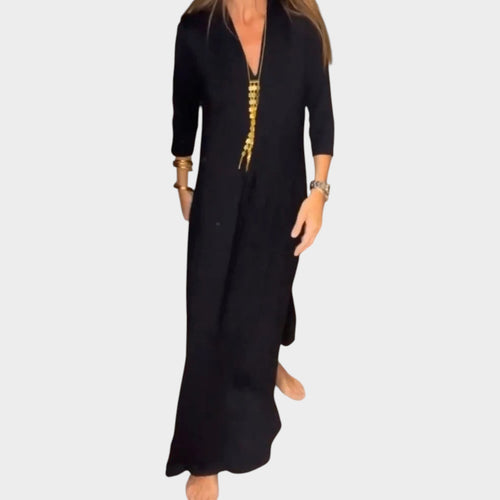 Women’s V-Neck Maxi Dress with Three-Quarter Sleeves and Relaxed Fit
