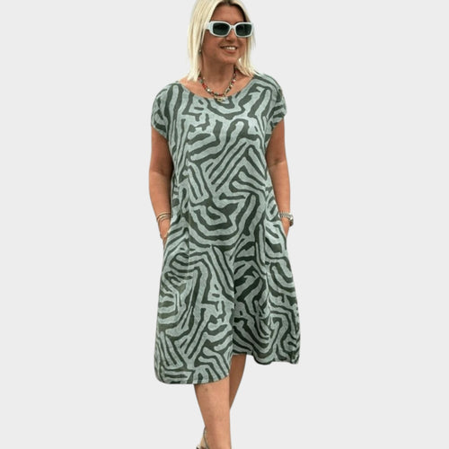 Women’s Abstract Print Midi Dress with Round Neck and Side Pockets
