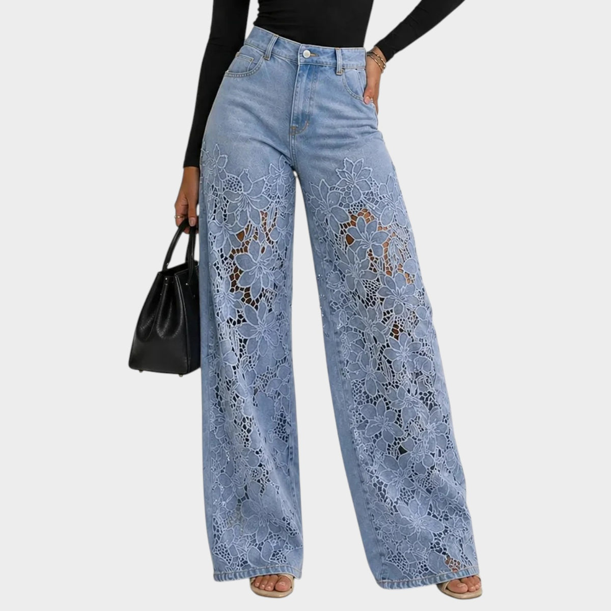 Women’s High-Waisted Wide-Leg Jeans with Floral Lace Panels