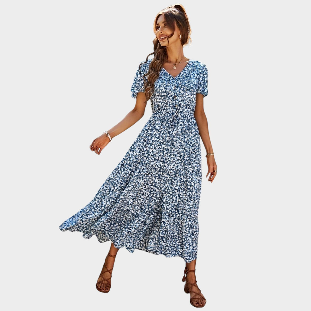 Women’s Floral Print Maxi Dress with V-Neckline, Short Sleeves and Button Front
