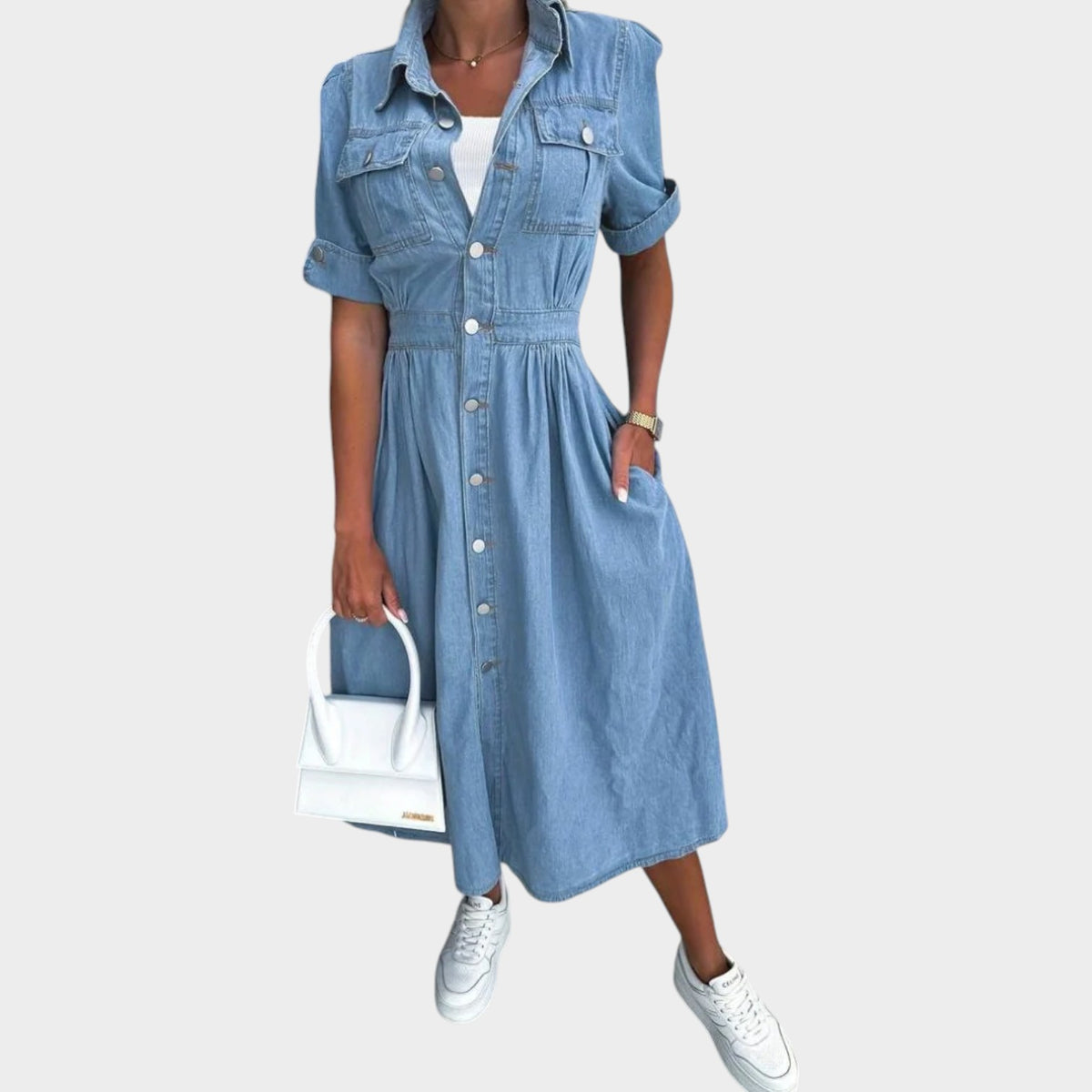 Women’s Denim Midi Dress with Button Front and Collared Design
