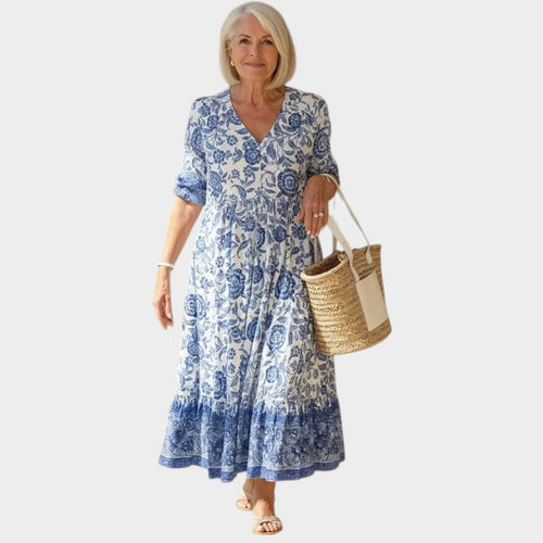 Women’s Floral Maxi Dress with V-Neckline and Relaxed Fit