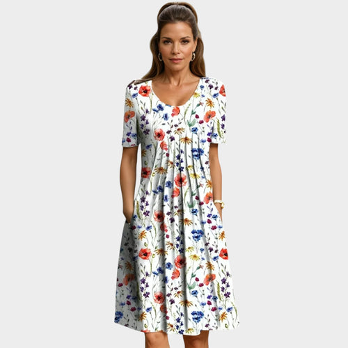 Women’s Floral Midi Dress with Round Neck and Short Sleeves