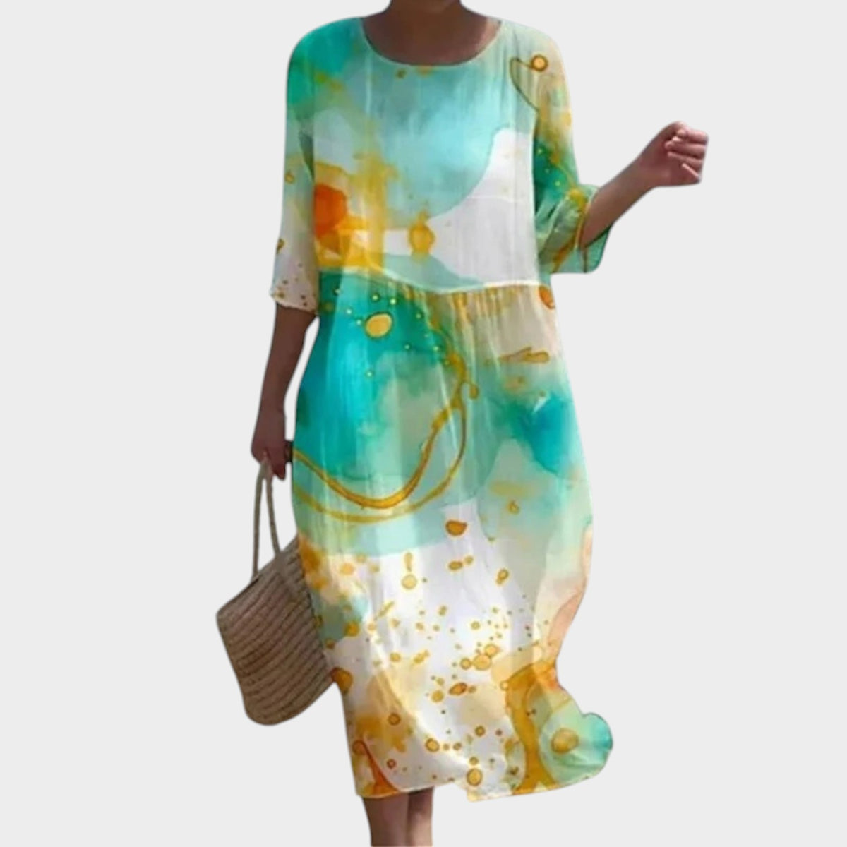 Women’s Floral Midi Dress Round Neck Three-Quarter Sleeves
