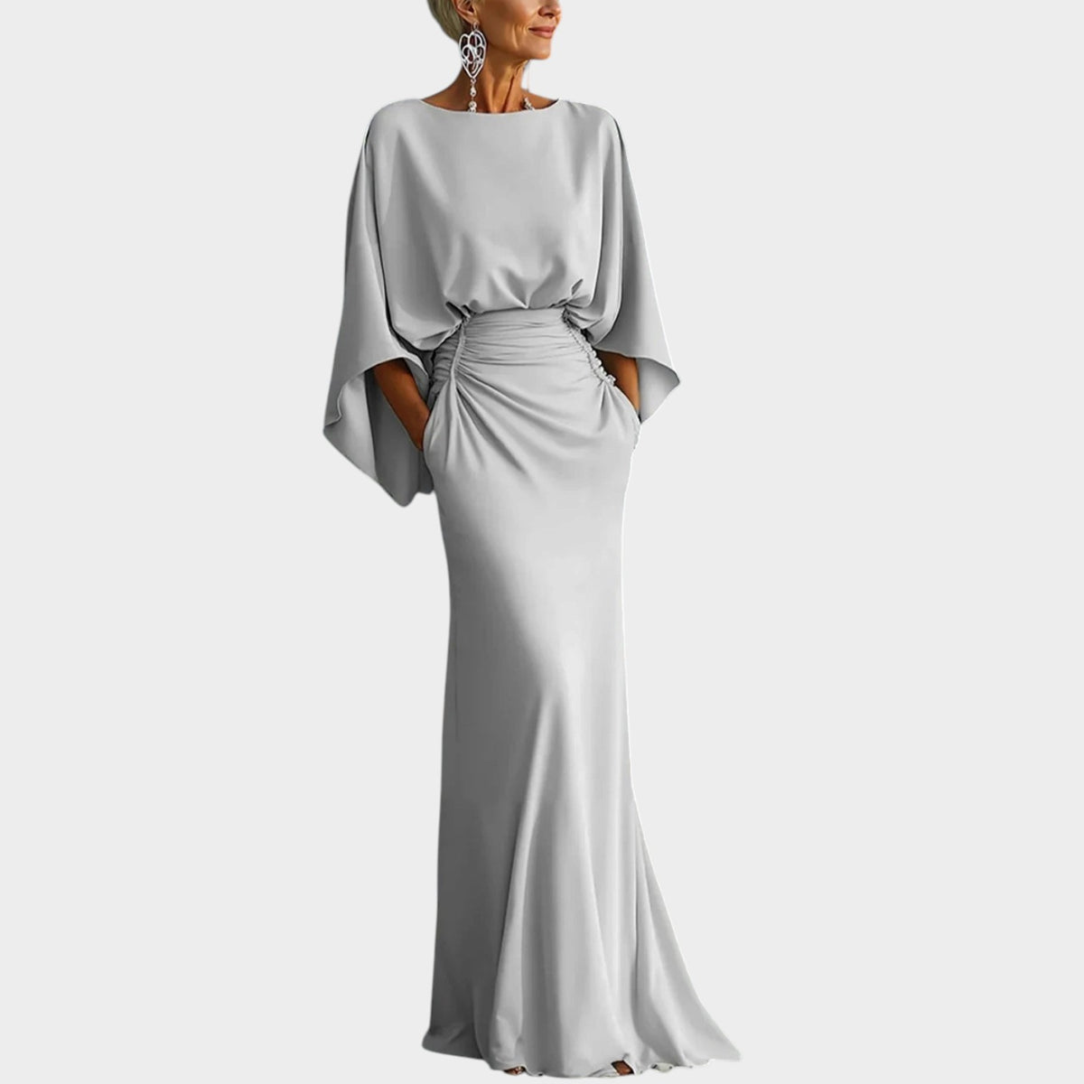Women’s Maxi Dress with Boat Neckline, Cape Sleeves and Ruched Waist