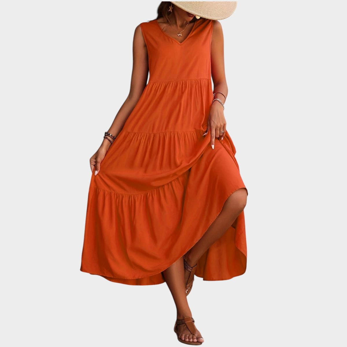 Women’s V-Neck Maxi Dress with Sleeveless Design and Tiered Skirt