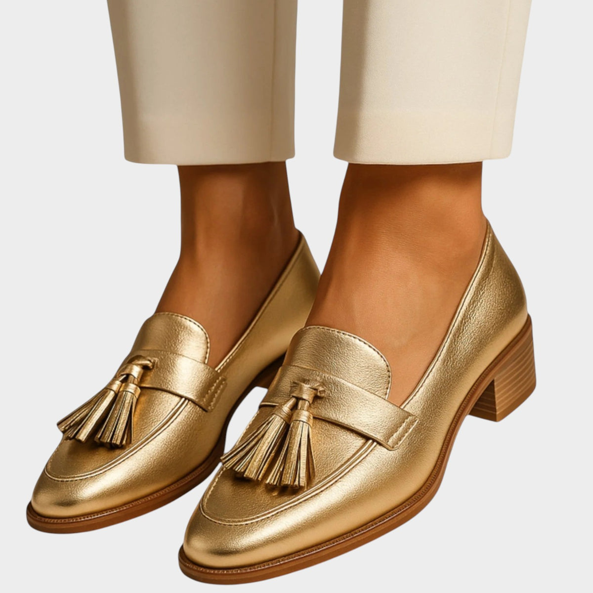Women’s Loafers Gold Tassel Detail Low Block Heel Slip-On