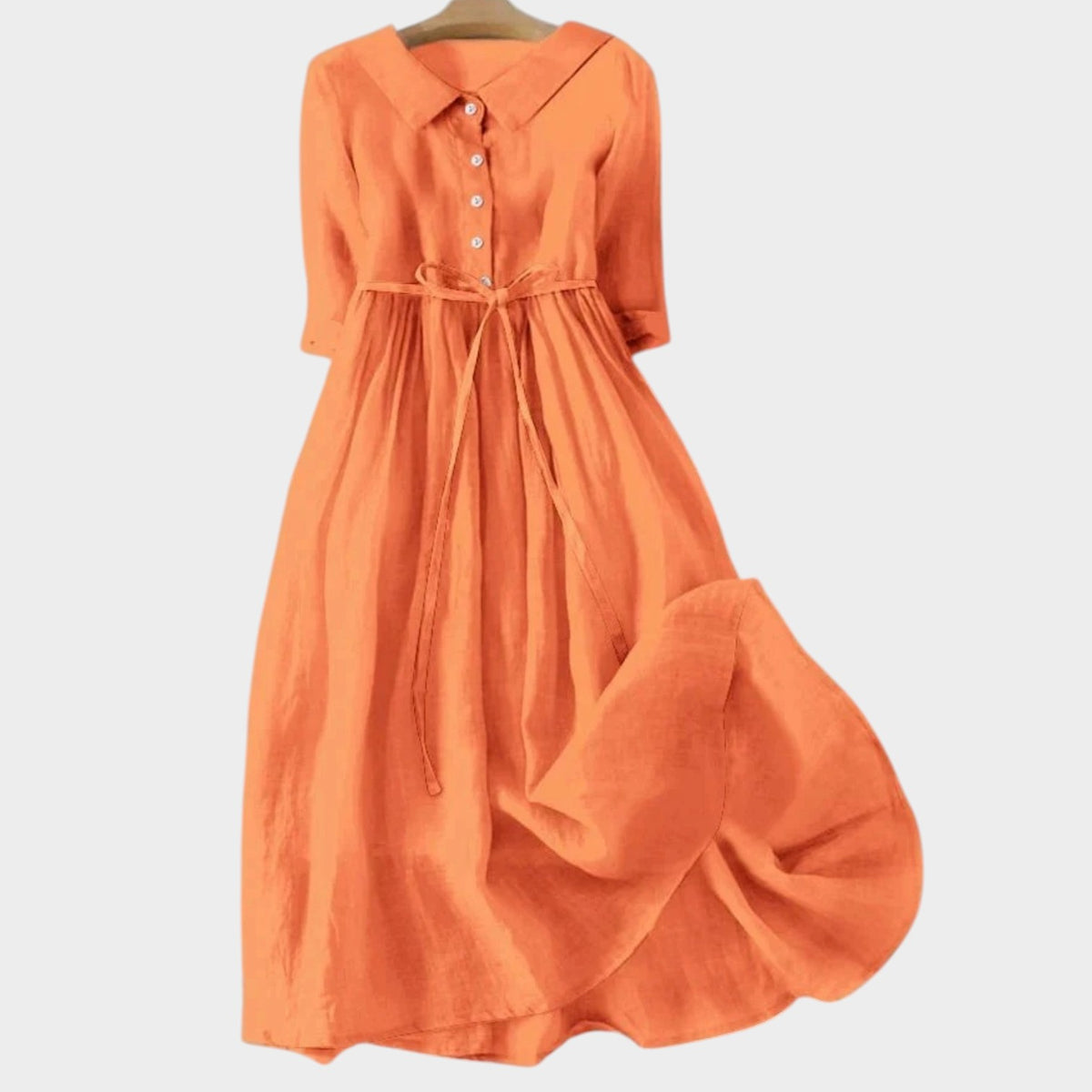 Women’s Maxi Shirt Dress Collared Button Front Three-Quarter Sleeves Waist Tie