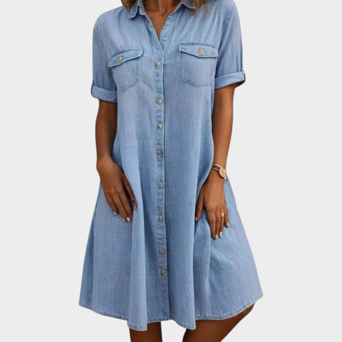 Women’s Denim Shirt Dress with Button Front and Roll-Up Sleeves