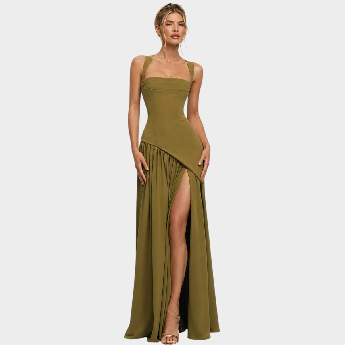 Women’s Strapless Maxi Evening Dress with Draped Bodice and High Slit