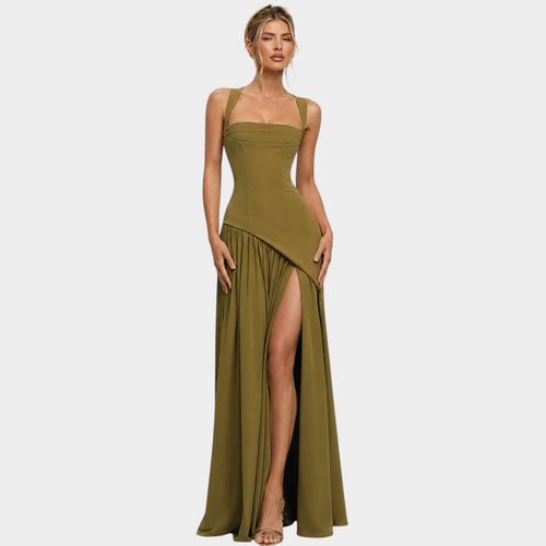Women’s Strapless Maxi Evening Dress with Draped Bodice and High Slit