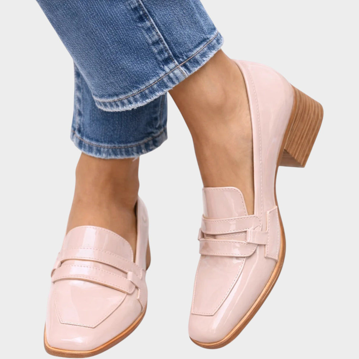 Women’s Loafers Patent Finish Square Toe Strap Detail Block Heel