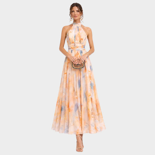 Women’s Watercolour Halter Midi Dress Defined Waist Flowing Skirt
