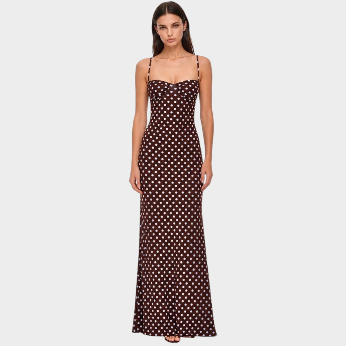 Women’s Polka Dot Maxi Dress with Adjustable Spaghetti Straps and Fitted Bodice