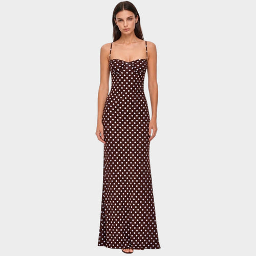 Women’s Polka Dot Maxi Dress with Adjustable Spaghetti Straps and Fitted Bodice