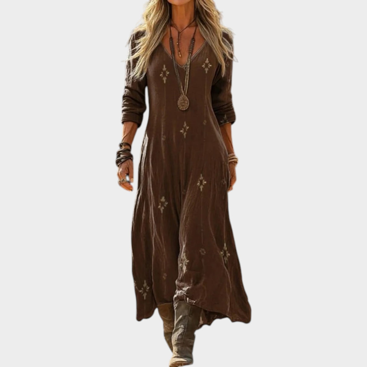 Women’s Vintage Print Midi Dress with Long Sleeves and V-Neck
