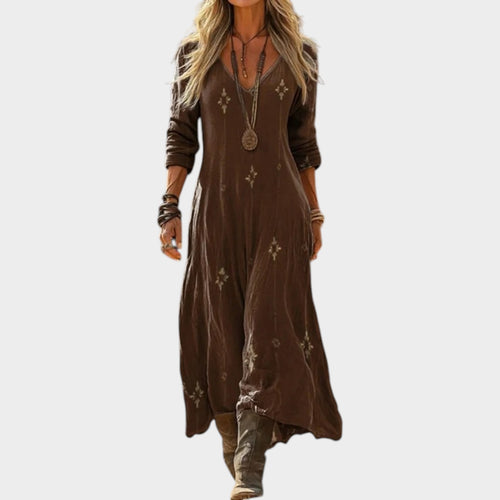 Women’s Vintage Print Midi Dress with Long Sleeves and V-Neck