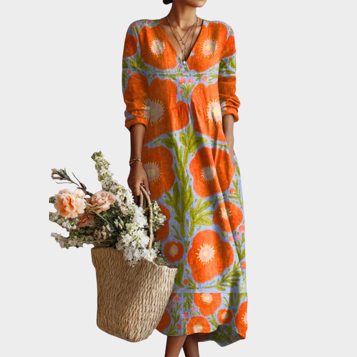 Women’s Vintage Floral Midi Dress with V-Neck and Long Sleeves