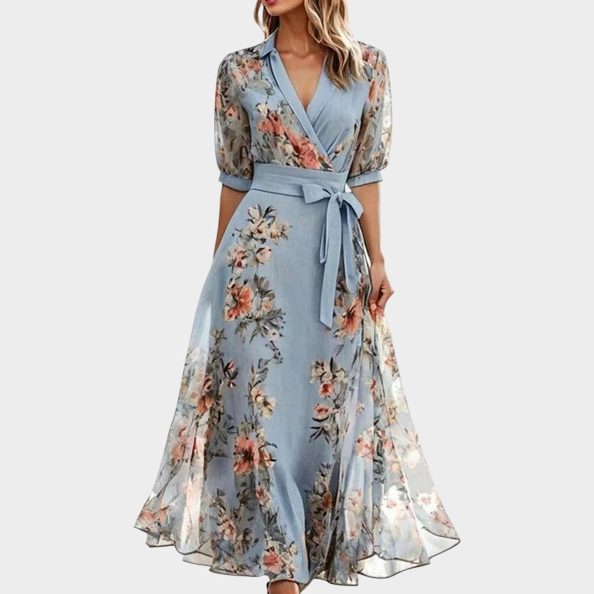 Women’s Floral Midi Dress V-Neck Wrap Front Waist Tie Short Sleeves