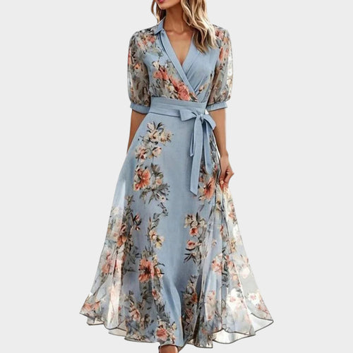 Women’s Floral Midi Dress V-Neck Wrap Front Waist Tie Short Sleeves
