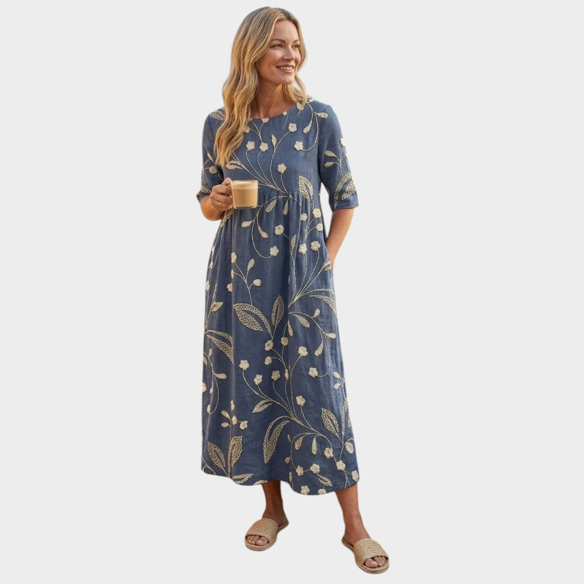 Women’s Floral Midi Dress with Round Neck and Three-Quarter Sleeves