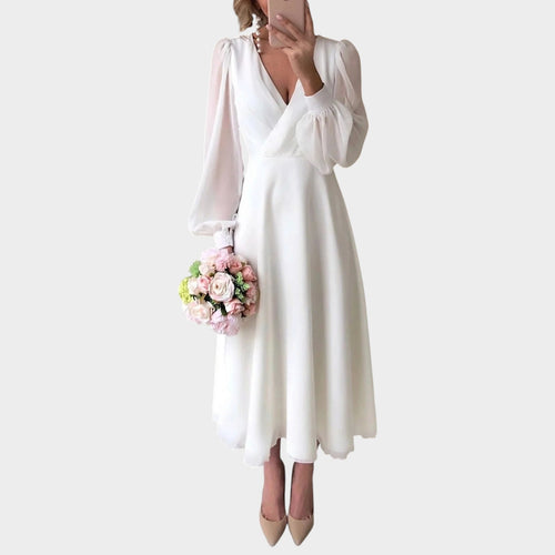 Women’s Midi Dress Wrap Front Long Puff Sleeves Defined Waist