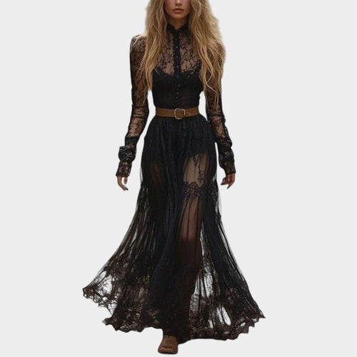 Women’s Lace Maxi Dress with High Neck and Sheer Long Sleeves
