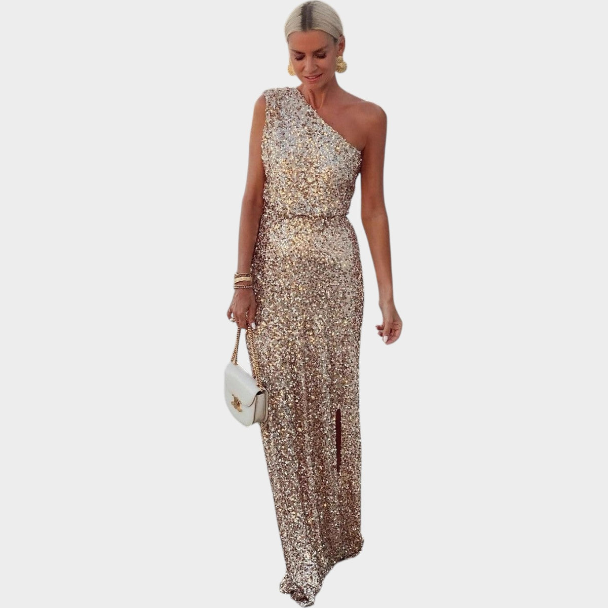 Women’s Sequin Maxi Dress with One-Shoulder Neckline and Side Slit